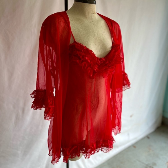 Vintage Ruffle Sheer Nightgown Robe Set Size L Sabrina Carpenter Style Teddy - Picture 2 of 12